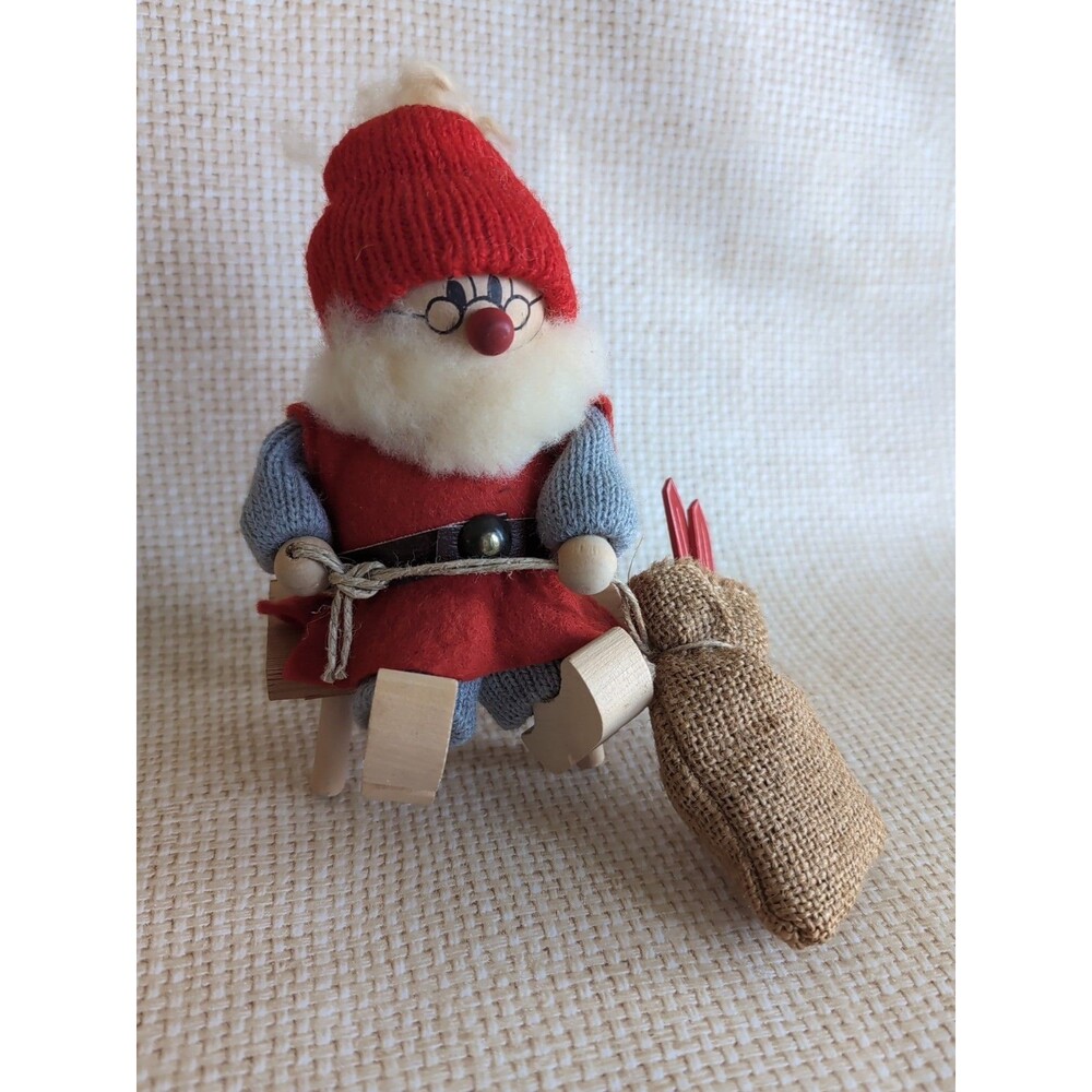 Vtg Tomte Ljungstroms Swedish Wood Gnome Sitting on Bench w/Ski Bag